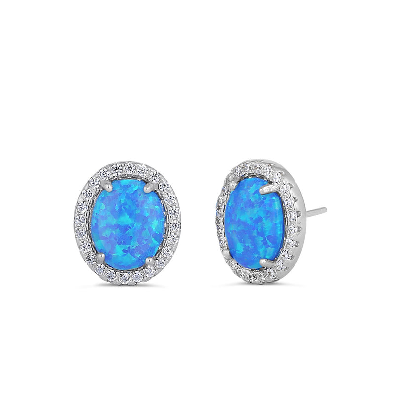 Sterling Silver Blue Lab Opal & Clear CZ Oval Stud Earrings