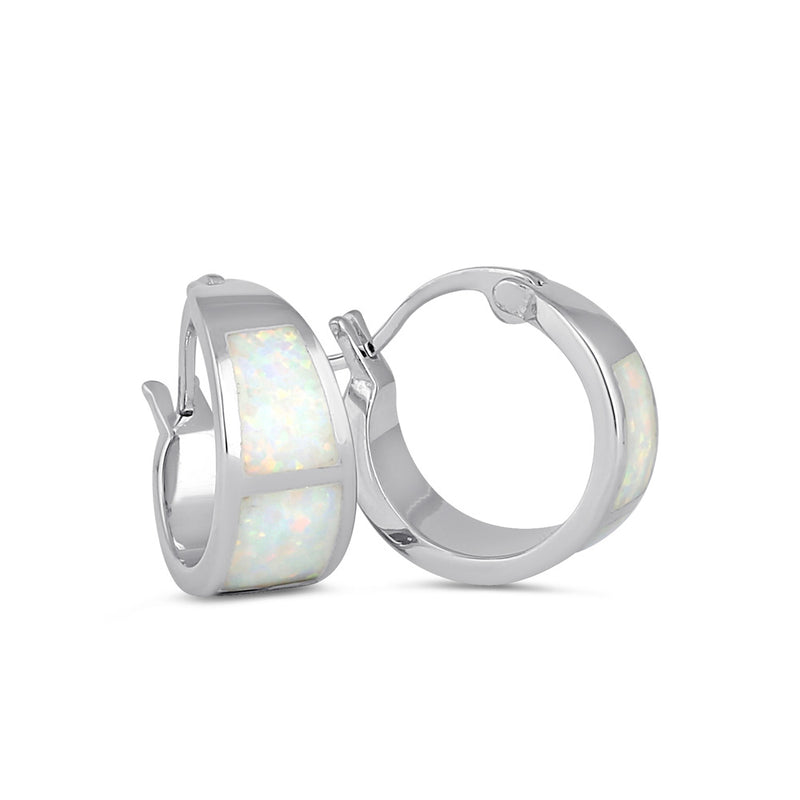 Sterling Silver Wide White Lab Opal Loop Earrings