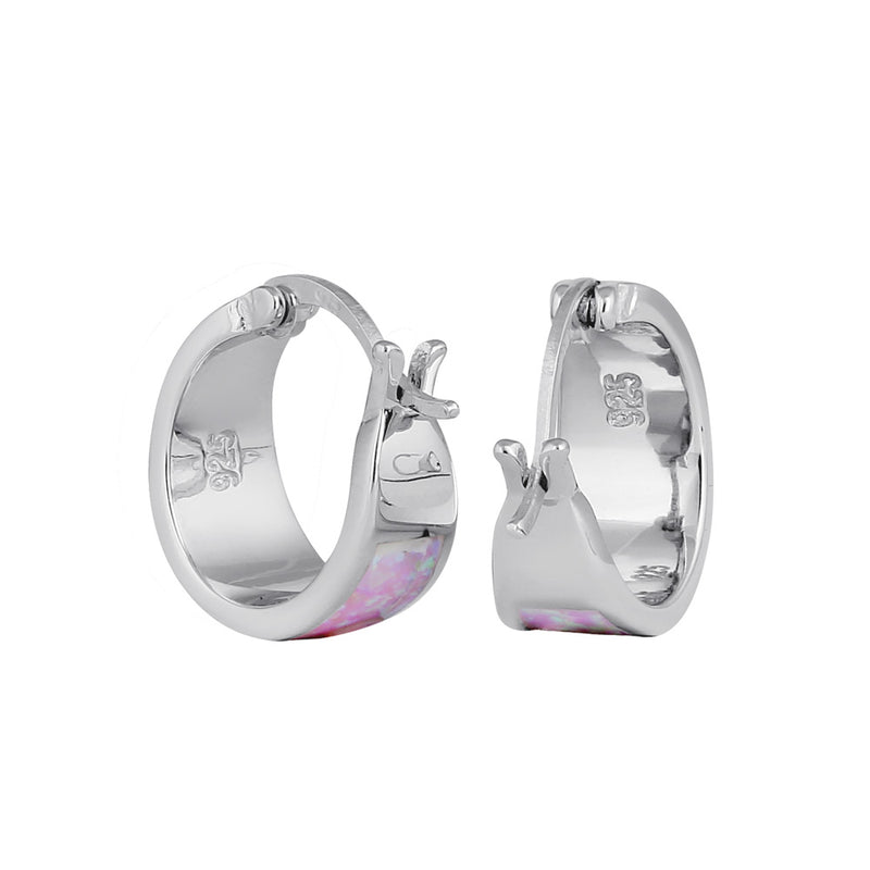 Sterling Silver Wide Pink Lab Opal Loop Earrings