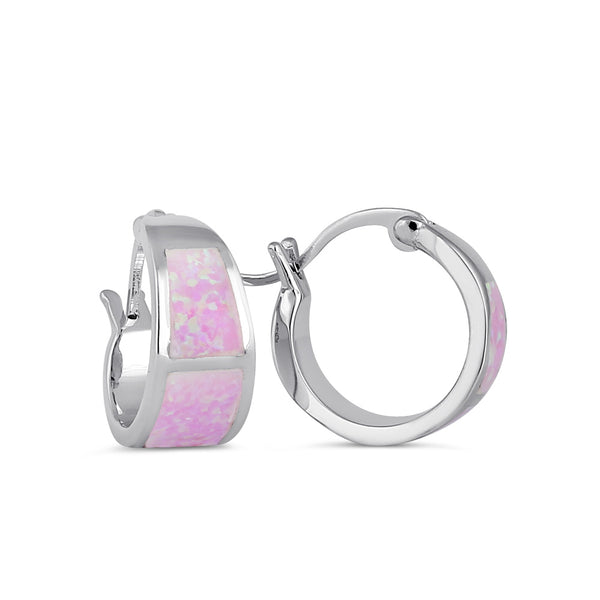 Sterling Silver Wide Pink Lab Opal Loop Earrings