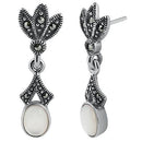 Sterling Silver Leaves Drop Oval Mother of Pearl Marcasite Earrings