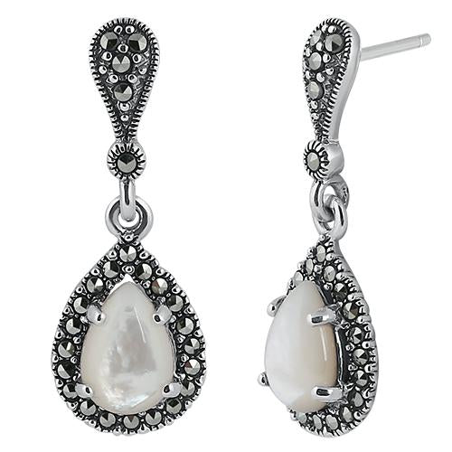 Sterling Silver Tear Drop Mother of Pearl Marcasite Earrings