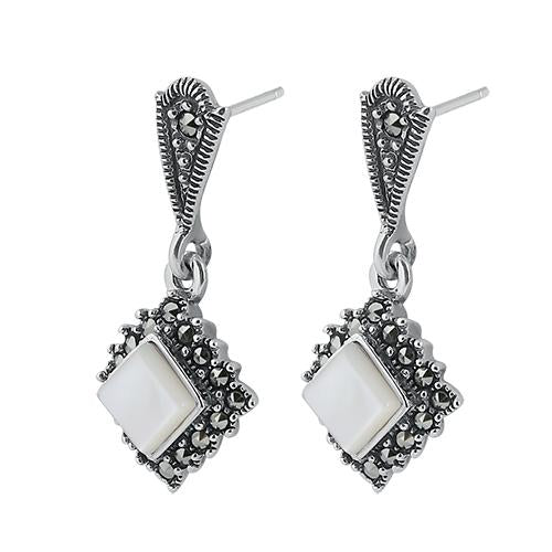 Sterling Silver Square Drop Mother of Pearl Marcasite Earrings