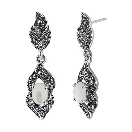 Sterling Silver Fire Oval Mother of Pearl Marcasite Earrings