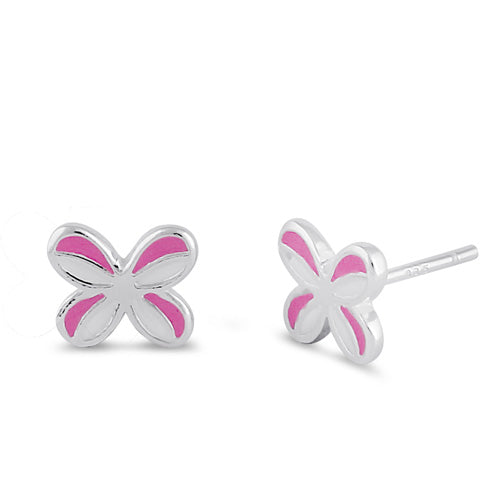 Sterling Silver Butterfly with White and Pink Enamel Earrings