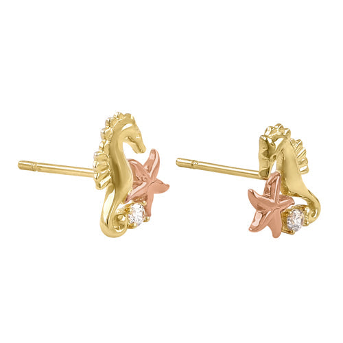 Solid 14K Yellow Gold Muti-Tone Seahorse and Starfish CZ Earrings