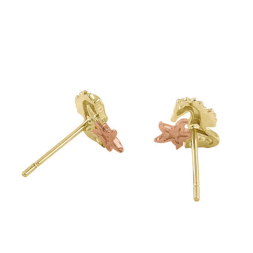 Solid 14K Yellow Gold Muti-Tone Seahorse and Starfish CZ Earrings