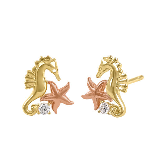 Solid 14K Yellow Gold Muti-Tone Seahorse and Starfish CZ Earrings