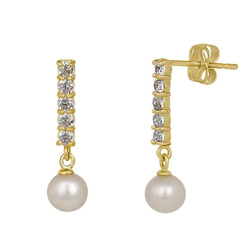 Solid 14K Yellow Gold Dangle CZ Bar & Pearl Earrings