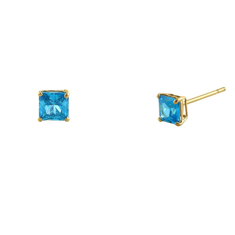 .36 ct Solid 14K Yellow Gold 3mm Princess Cut Blue Topaz CZ Earrings