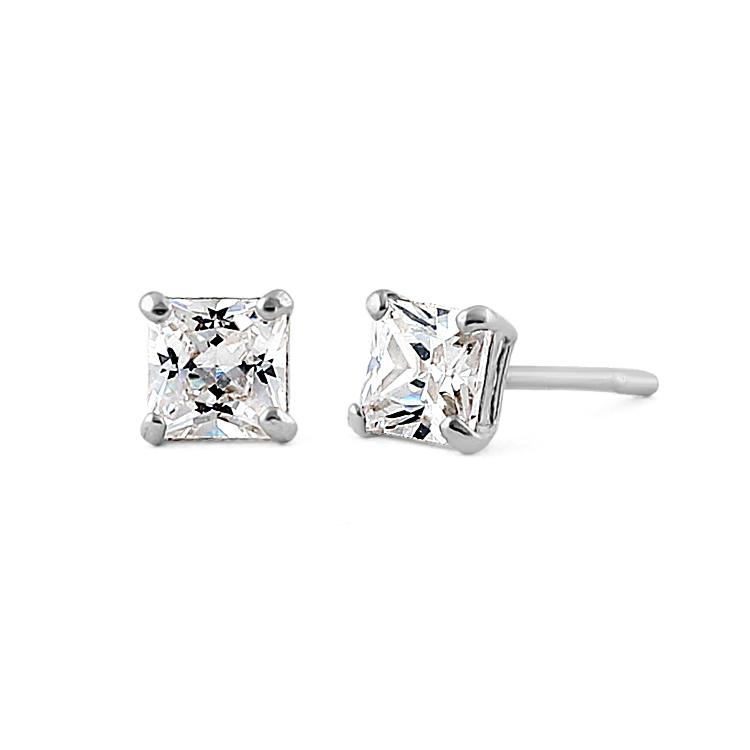 .78 ct Solid 14K White Gold 4mm Princess Cut Clear CZ Earrings
