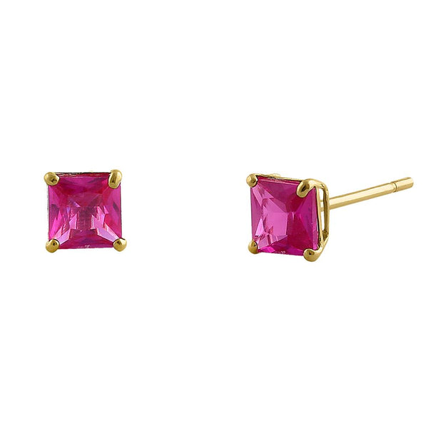 .78 ct Solid 14K Yellow Gold 4mm Princess Cut Ruby CZ Earrings