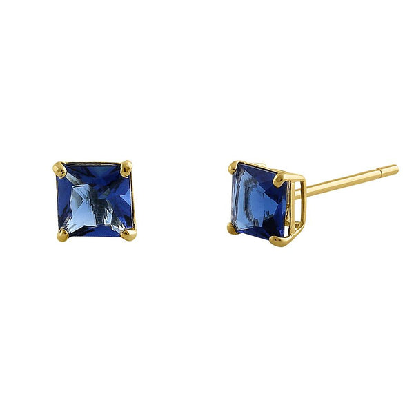 .78 ct Solid 14K Yellow Gold 4mm Princess Cut Blue Sapphire CZ Earrings