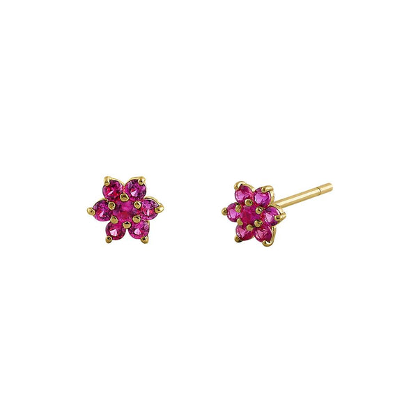 Solid 14K Yellow Gold Dainty Flower Ruby CZ Earrings