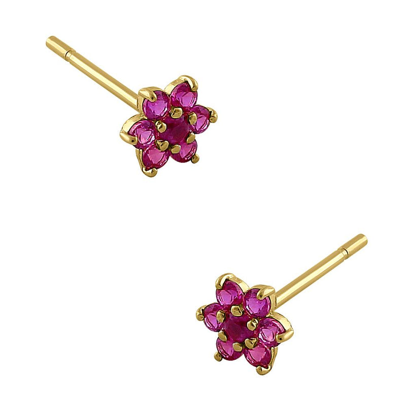 Solid 14K Yellow Gold Dainty Flower Ruby CZ Earrings