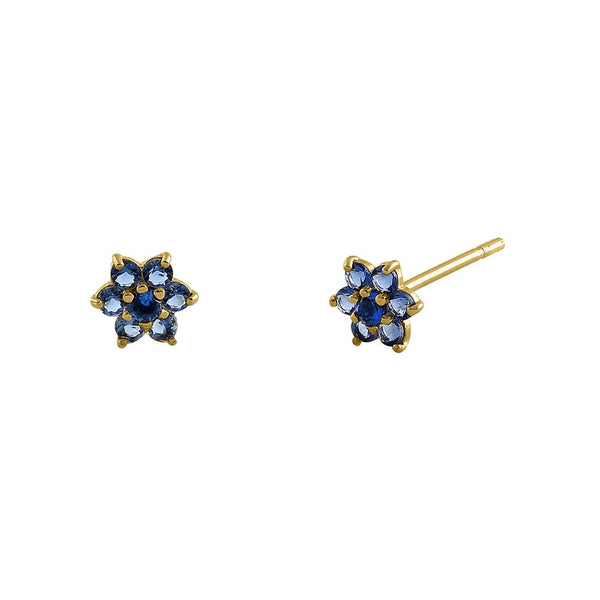 Solid 14K Yellow Gold Dainty Flower Blue Sapphire CZ Earrings