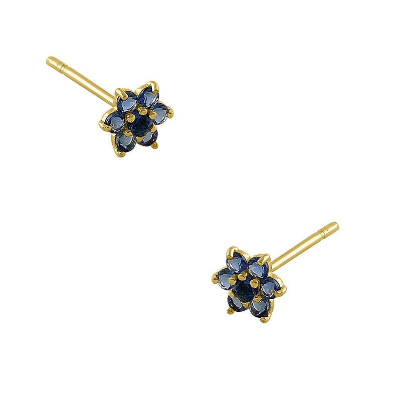 Solid 14K Yellow Gold Dainty Flower Blue Sapphire CZ Earrings