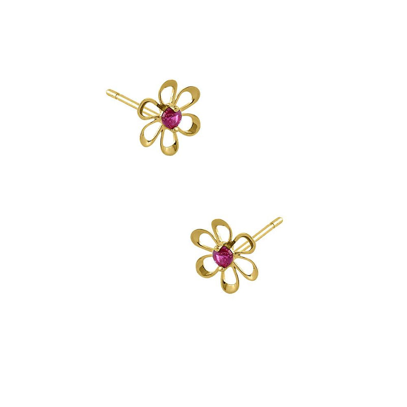 .06 ct Solid 14K Yellow Gold Retro Flower Ruby CZ Earrings