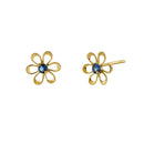 Solid 14K Yellow Gold Retro Flower Blue Sapphire CZ Earrings