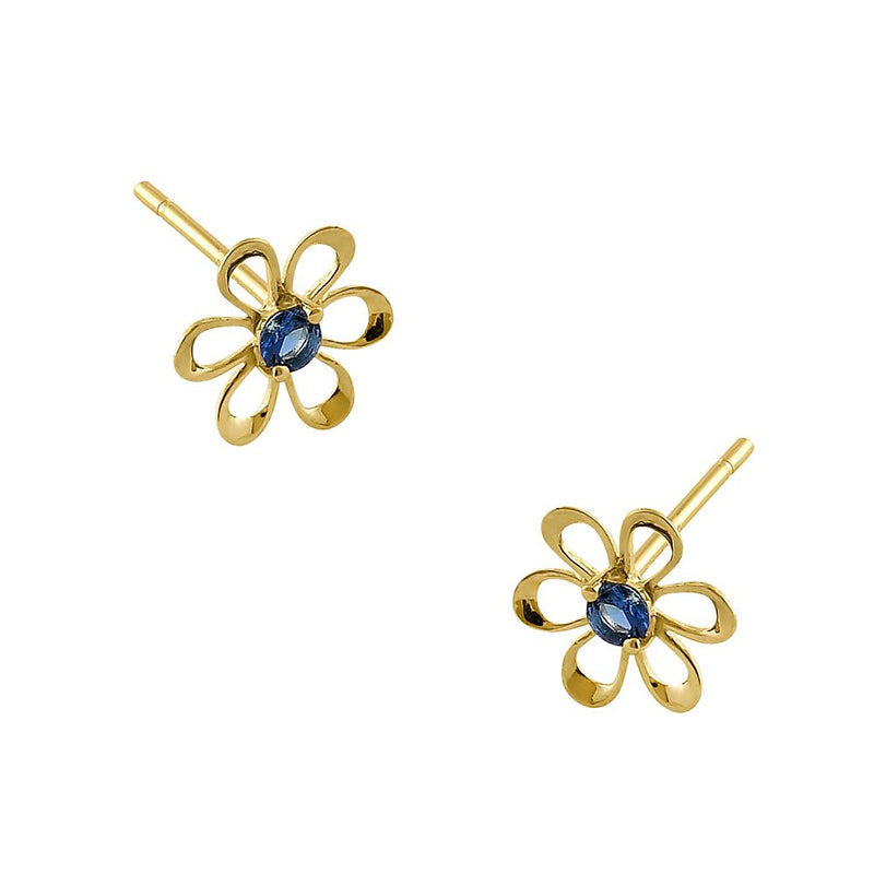 Solid 14K Yellow Gold Retro Flower Blue Sapphire CZ Earrings