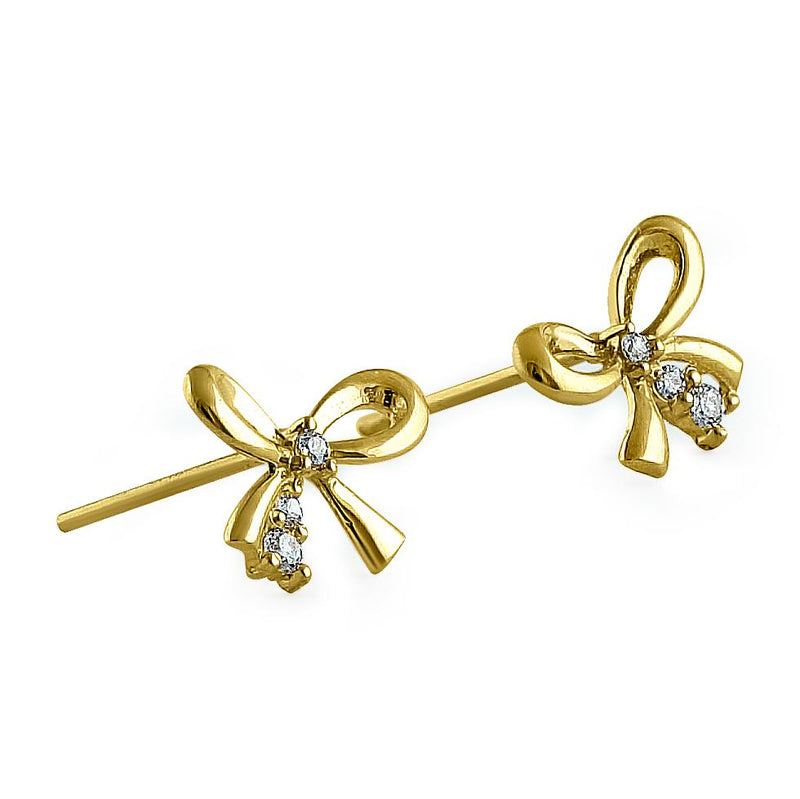 Solid 14K Yellow Gold Bow CZ Earrings
