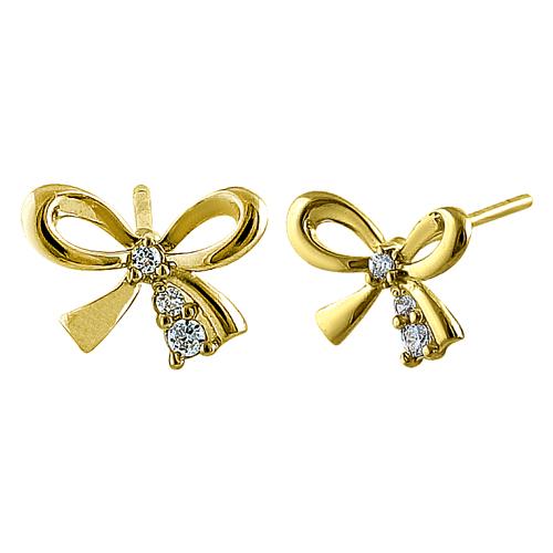 Solid 14K Yellow Gold Bow CZ Earrings