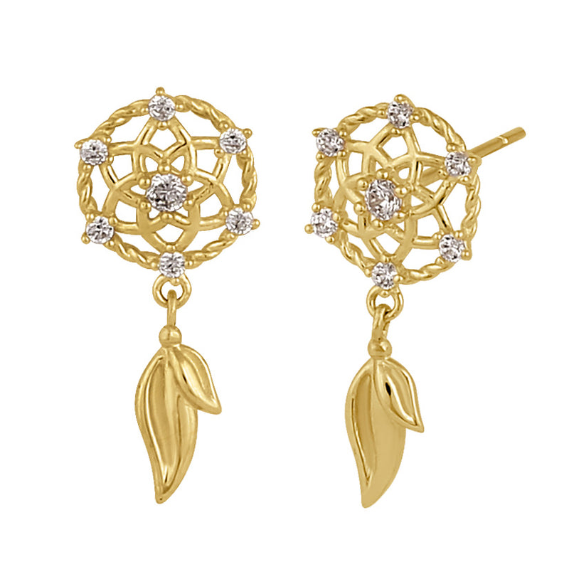 Solid 14K Gold Dreamcatcher with Clear CZ Earrings