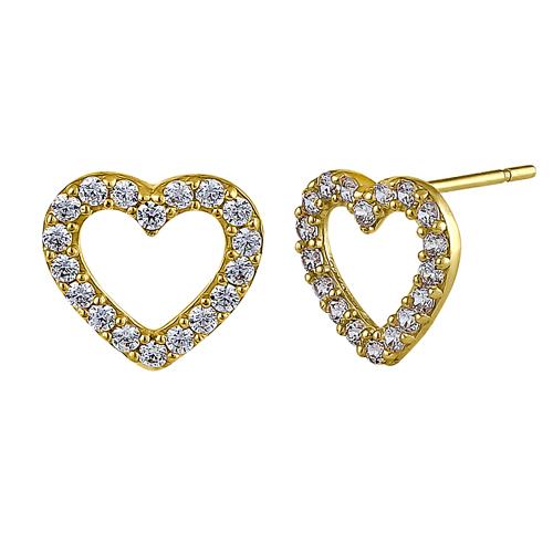 Solid 14K Yellow Gold Heart Clear Round CZ Earrings