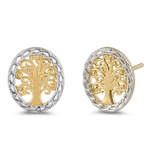 Solid 14K Yellow and White Gold Tree of Life Earrings