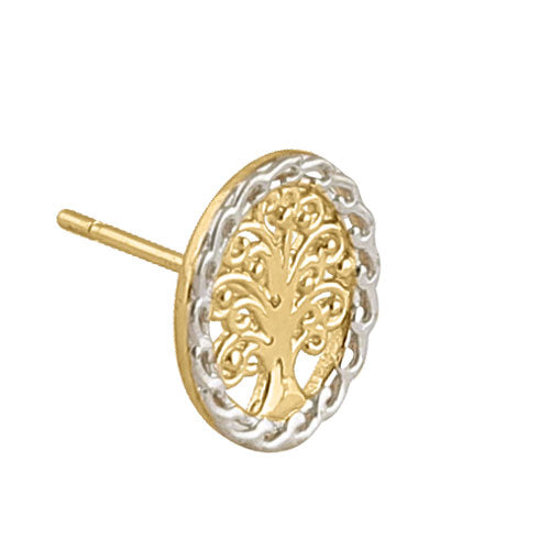 Solid 14K Yellow and White Gold Tree of Life Earrings