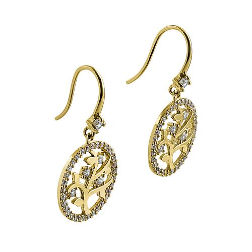 Solid 14K Yellow Gold Tree of Life CZ Earrings