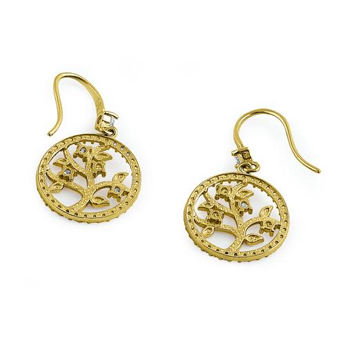 Solid 14K Yellow Gold Tree of Life CZ Earrings