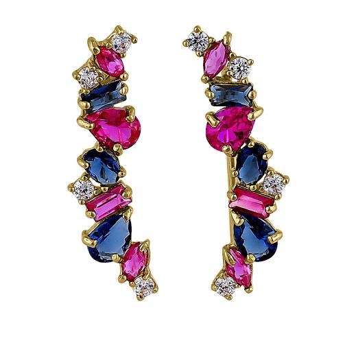 Solid 14K Yellow Gold Stone Medley Blue Sapphire, Ruby, & Clear CZ Earrings