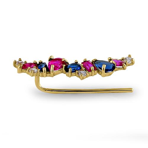 Solid 14K Yellow Gold Stone Medley Blue Sapphire, Ruby, & Clear CZ Earrings