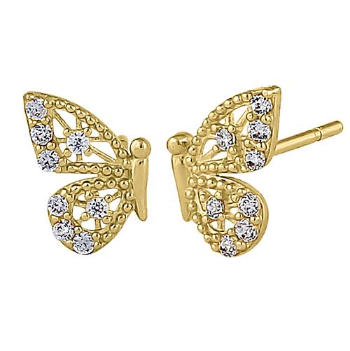 Solid 14K Yellow Gold Half Butterfly Clear CZ Earrings