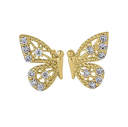 Solid 14K Yellow Gold Half Butterfly Clear CZ Earrings