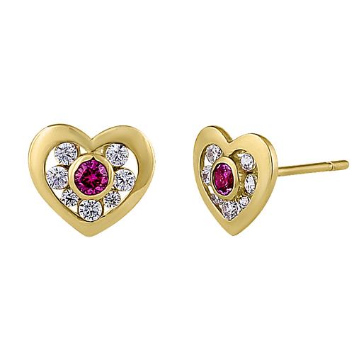 Solid 14K Yellow Gold Heart Ruby & Clear Round CZ Earrings