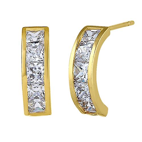 Solid 14K Yellow Gold Half Loop Clear Princess Cut CZ Earrings