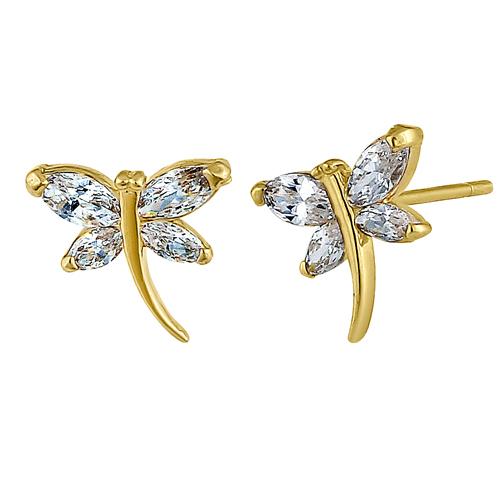 Solid 14K Yellow Gold Curved Dragonfly Clear Marquise CZ Earrings