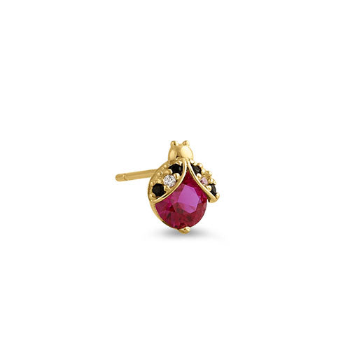 Solid 14K Yellow Gold Ladybug Ruby CZ Earrings