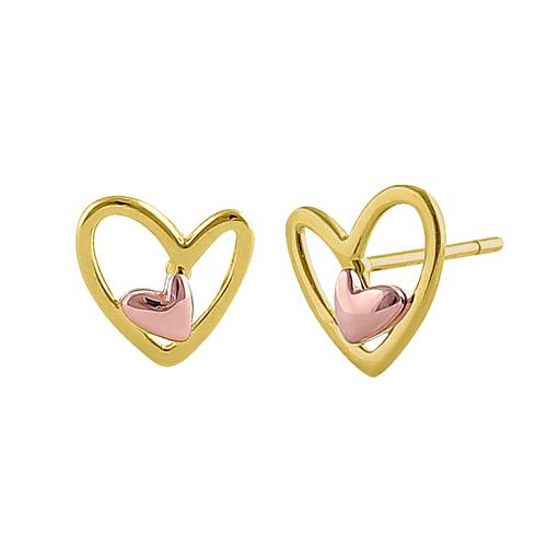 Solid 14K Yellow Gold & Rose Gold Double Heart Earrings