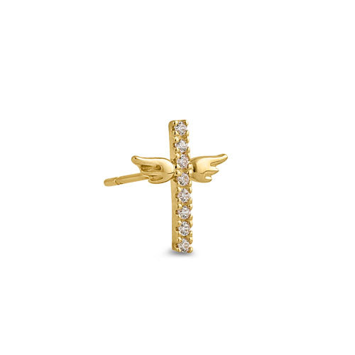 Solid 14K Yellow Gold Winged Cross CZ Earrings