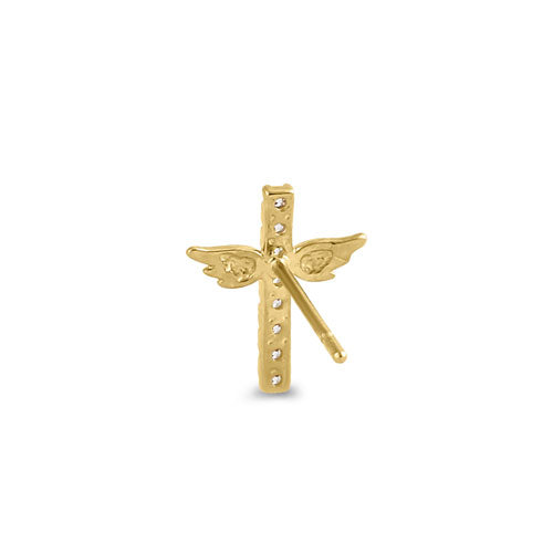 Solid 14K Yellow Gold Winged Cross CZ Earrings