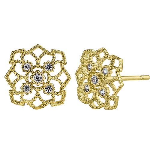 Solid 14K Yellow Gold Woven Web Clear Round CZ Earrings