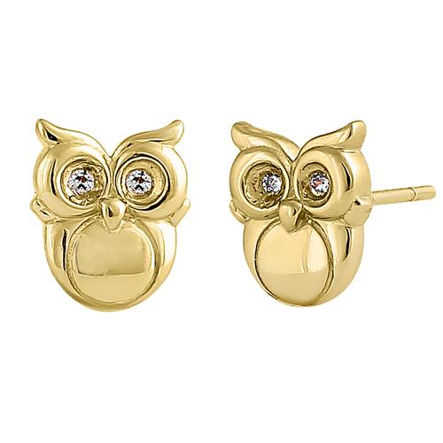 Solid 14K Yellow Gold Cute Owl Clear Round CZ Earrings