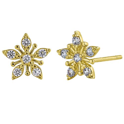 Solid 14K Yellow Gold Star Clear Round CZ Earrings
