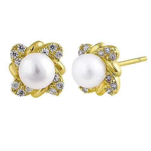 Solid 14K Yellow Gold Treasured Pearl Clear Round CZ Earrings