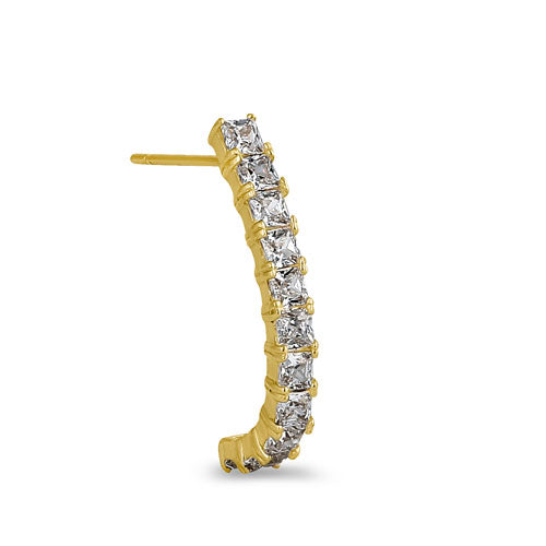 Solid 14K Yellow Gold Curved Line CZ Earrings