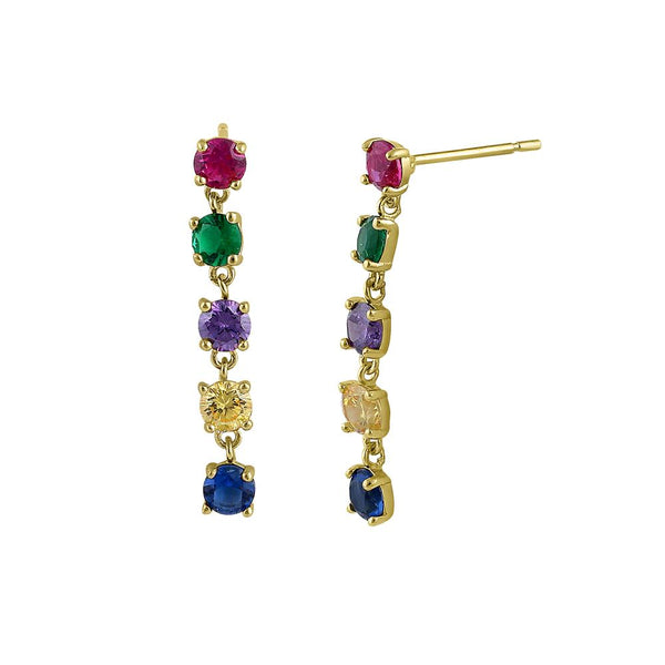 Solid 14K Yellow Gold Dangle Rainbow CZ Earrings