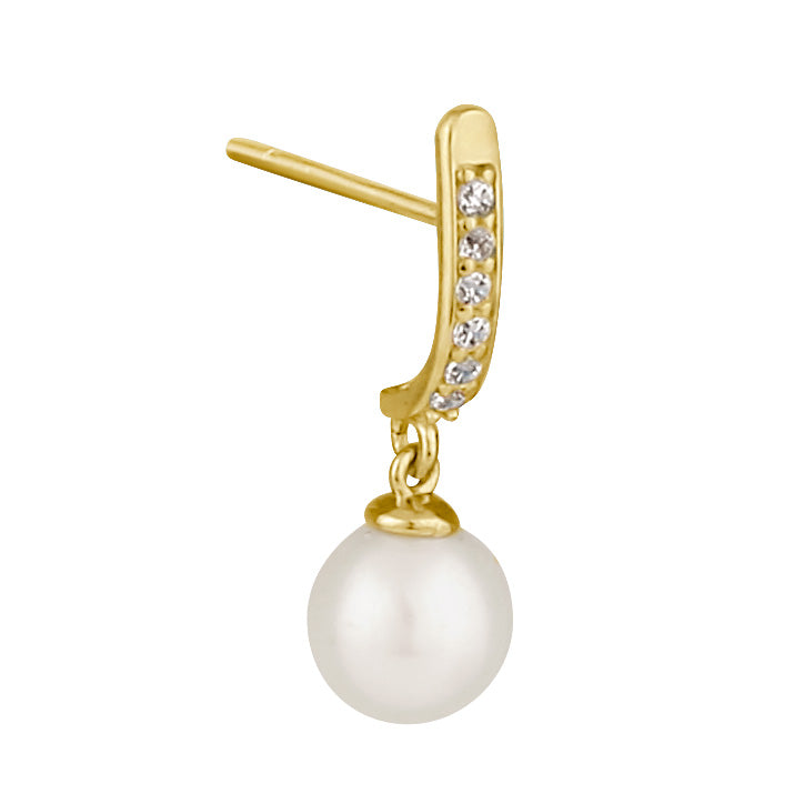 Solid 14K Gold Dagnling Pearl and CZ Earrings